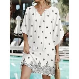 Women’s Black White Boho Beach Dress Tassel Tie V-Neck Cover Up with Pockets